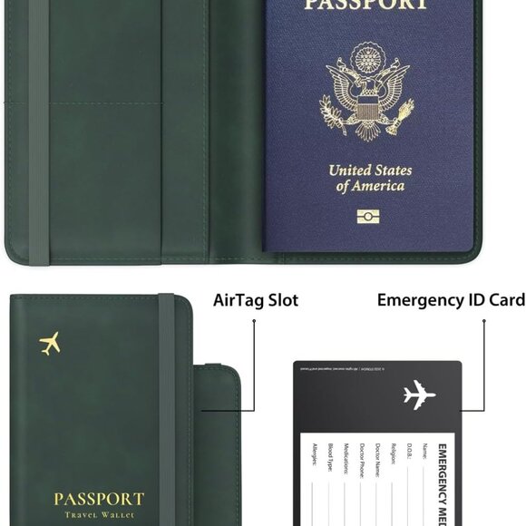 Leather Passport Holder for Men Green - Picture 2 of 7